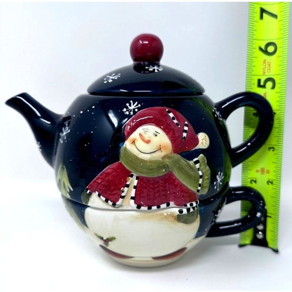 Wongs Ceramic Teapot For One Navy Snowman Snowflakes Pine Trees 3 Pc 20 oz 2006 - Picture 11 of 14